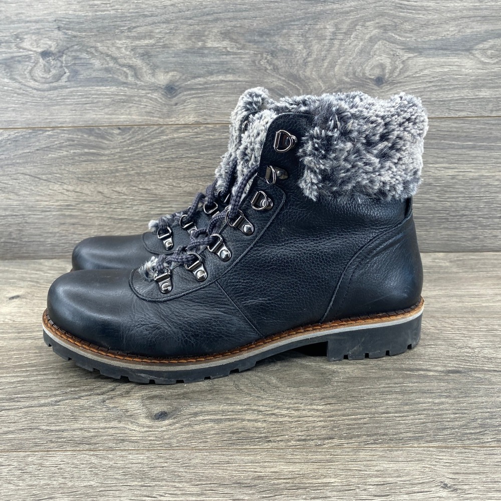 Avellini Leather Combat Boots Womens 41 Black Faux Fur Trim Made in Portugal